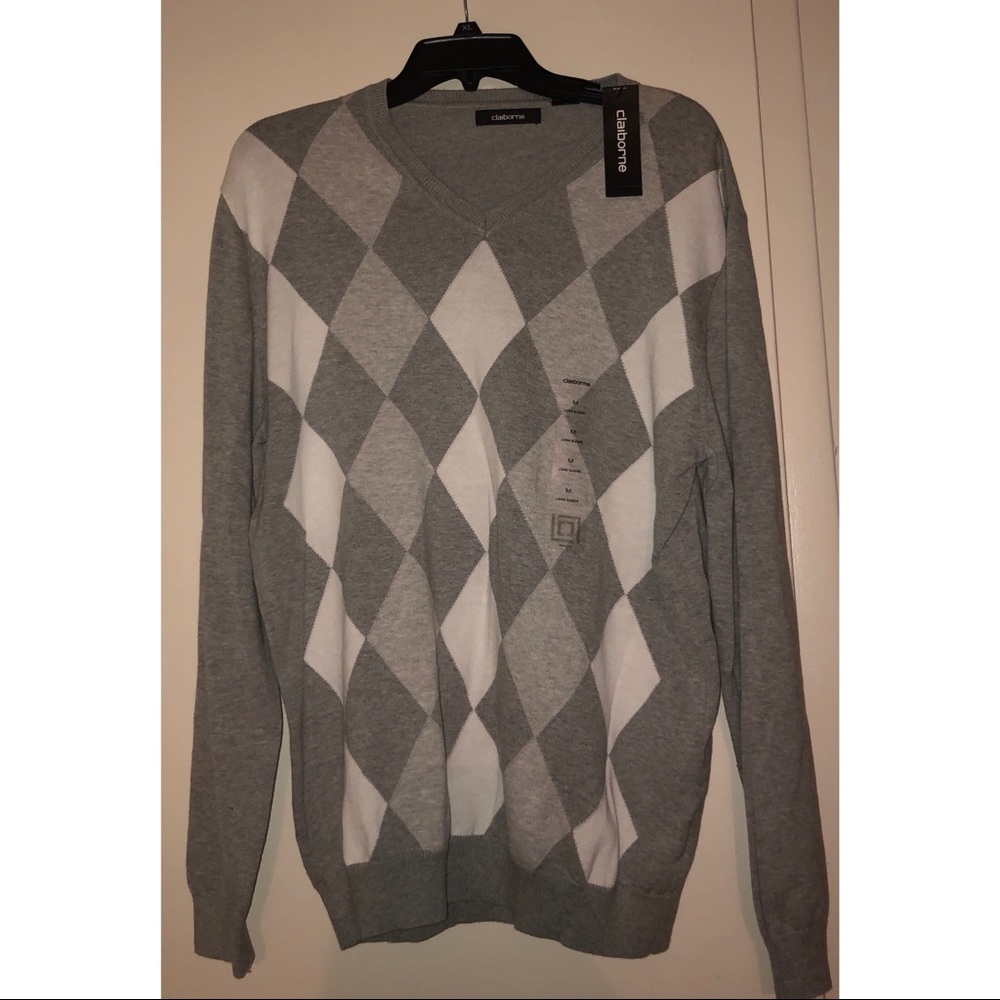 Claiborne Gray Argyle V-Neck Sweater Size Medium